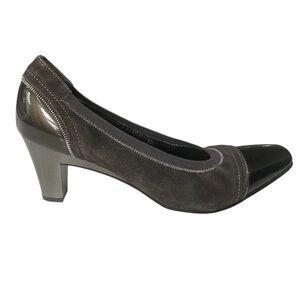 Rose Petals Black Suede/Patent Leather Women's Kitten Heel Pumps Cap Toe Sz 8.5